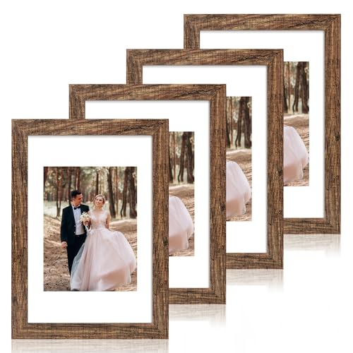 iRahmen 8x12 Picture Frame Set of 4 with High Definition Real Glass, Display 6x8 Pictures with Mat or 8 x 12 Without Mat, Rustic Wood Photo Frames for Tabletop and Wall Mounting - color: Brown, size: 8X12