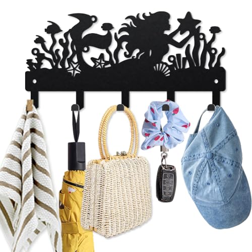 MAYJOYDIY Ocean Mermaid Shell Metal Key Hook 9.8×4.7inch Water Plants Starfish Bubbles Coat Rack Wall Mounted Black Art Key Holder with 5 Hooks for Gift Kitchen Bathroom Home Decor - style: Ocean Mermaid Shell