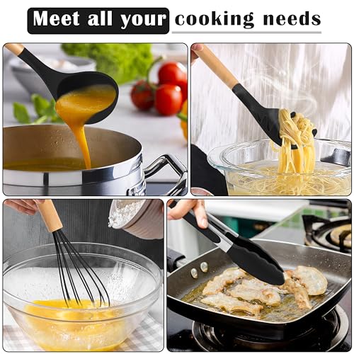 E-far Silicone Cooking Utensils Set, 10-Piece Black Kitchen Utensils Set with Wooden Handle for Nonstick Cookware, Heat Resistant Kitchen Nonstick Tools Spatula Whisk Tongs Ladle, Non-toxic & Healthy - color: Black, size: 10