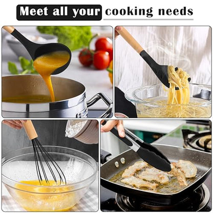 E-far Silicone Cooking Utensils Set, 10-Piece Black Kitchen Utensils Set with Wooden Handle for Nonstick Cookware, Heat Resistant Kitchen Nonstick Tools Spatula Whisk Tongs Ladle, Non-toxic & Healthy - color: Black, size: 10