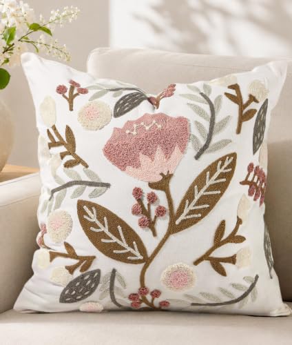Embroidered Floral Throw Pillow Cover 18x18 Inch, Bicolor Monstera | Decorative Pillow Cover, Botanical Farmhouse Cushion Case with Hidden Zipper, Modern Decor for Couch, Sofa, Living Room, Bed - color: Elegant Flower