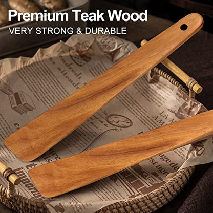 Non Toxic Wood Spatula for Cooking Spoon Teak Wooden Utensil Set Spurtle | Bamboo Kitchen Utensils Flat Turner Spatula Set for Kitchen Use Camping Egg Spatulas Sourdough Food Scraper Stirrer Spoon - size: 2 Pieces 12 Inches