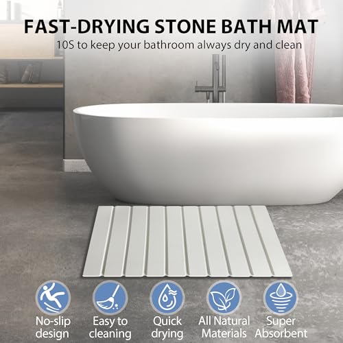 Foldable Stone Bath Mat Quick Drying Diatomaceous Earth Rubber Backing | 23.6 x 15.4 inch, Non-Slip Shower Mat, Super Absorbent, Easy to Clean, Bathroom Mat, Kitchen Rug, Water Absorbent Mat - color: White