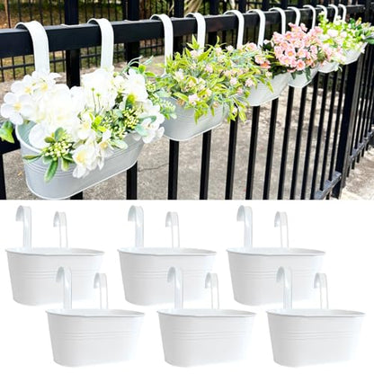 6 Pack 10" Metal Hanging Fence Planter Outdoor with Detachable Hooks, White | Removable hook, Drainage hole, Rustproof, For flowers / herbs / succulents, veggies, For railings / fences / balconies - color: White