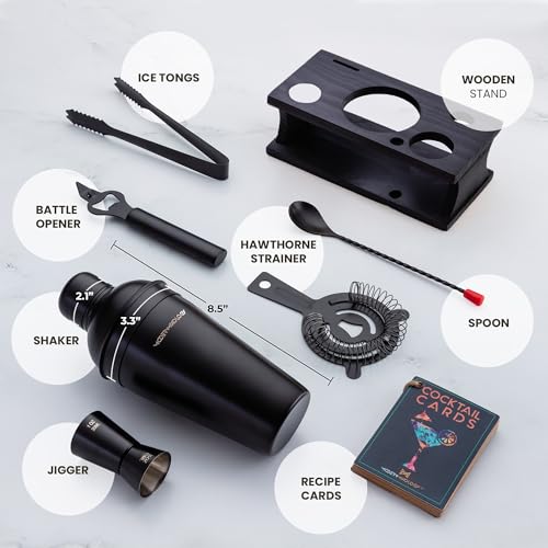 Cocktail Shaker Set - Bartender Kit with Pine Stand | Leak-Proof Design | Includes Martini Shaker, Jigger, Strainer, Spoon, Tongs | Perfect Bar Tools Gift for Home Mixology (Black) - color: Black, size: 8 Pieces