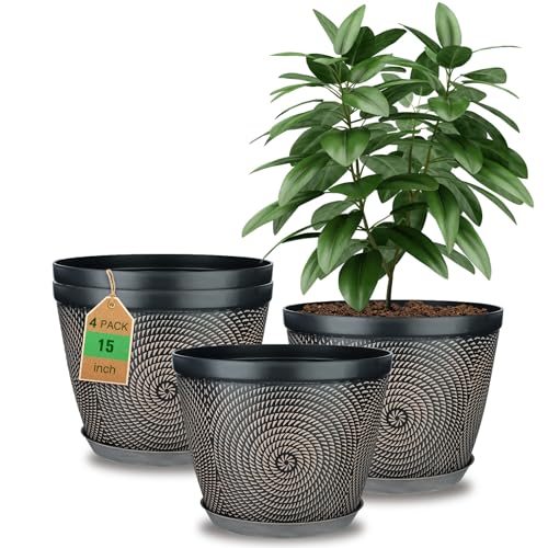 Quarut 15 Inch 4 Pack Large Pots, for Plants,Plastic Flower Pot for Indoor | Planter Pots with Drainage Holes & Saucer, Circle Pattern Planters Garden Pots for Herbs - color: Circular Pattern-brown, size: 15 inch-4 Pack