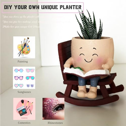 Dolkgy Cute Plant Pots Head Planters, Funny Rocking Chair Reading Book Planter Cactus Face Pot with Drainage Hole for Indoor Outdoor Plants, Unique Plant Lover Gifts - color: Khaki