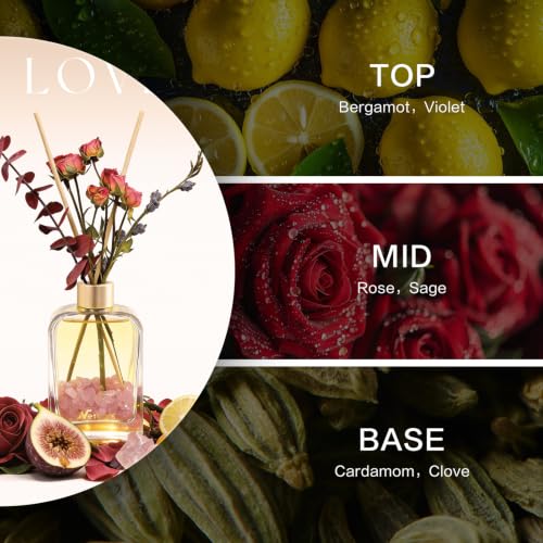 Reed Diffuser Home Fragrance Set 6oz with Real Dried Flowers & Natural Crystal Stones for Positive Energy – DIY Aromatherapy Gift, Safe for Kids and Pets (Rose Veil)