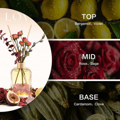 Reed Diffuser Home Fragrance Set 6oz with Real Dried Flowers & Natural Crystal Stones for Positive Energy – DIY Aromatherapy Gift, Safe for Kids and Pets (Rose Veil)