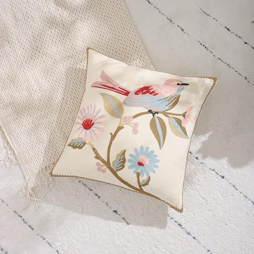 LUOYEHK Embroidered Throw Pillow Covers 18x18 Inch Pack of 2 Spring Farmhouse Floral Pillowcase Square Canvas Cushion Cover for Couch Sofa Bed Living Room (Pink Bird) - color: Pink Bird