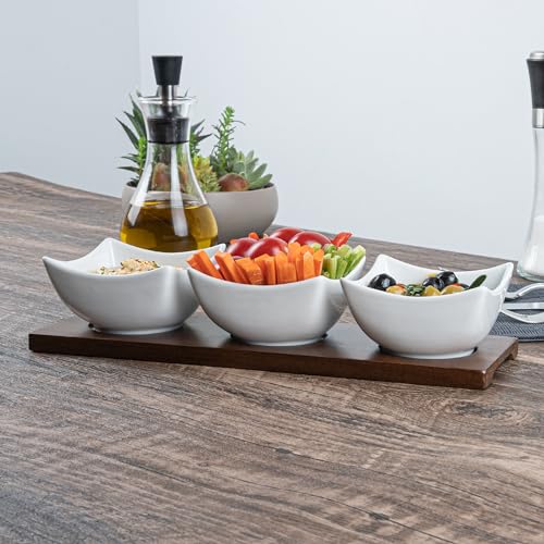 Restaurantware-15 Ounce Bowl Set with Tray - 1 Dishwashable Serving Set, Includes 3 Porcelain Bowls And 1 Bamboo Tray, Durable, White Porcelain And Bamboo Bowl And Platter Kit, Reusable, Freezable - size: Triple set, style: Cocktail