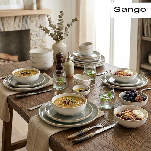 Sango 16-Piece Stoneware Dinnerware Set for 4, Glossy Cream/Green Big Dinner Plates and Bowls Sets with Reactive Glaze, Ceramic Dish Set, Modern Dishes, Microwave & Dishwasher Safe, Resona Moss - color: Green/Cream, size: 16-Piece Set