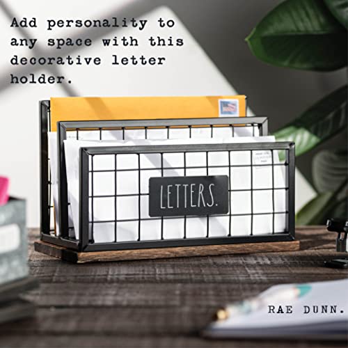 Rae Dunn Desktop Letter Holder – 2 Compartment Mail and Stationary Table Top Organizer – Chic and Stylish Galvanized Steel and Solid Wood - “Letters” Print - for Home and Office - color: Dark Stain