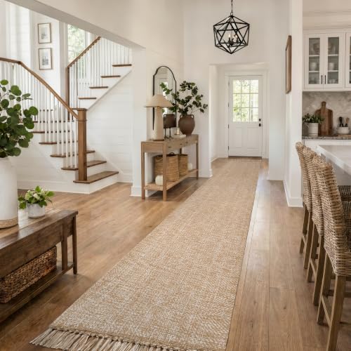 2x18 ft Long Runner Rug for Hallway, Washable Kitchen Rugs | Boho Hand-Woven Farmhouse Entry Hall Carpet, Tan/Cream Braided Reversible Carpets for Bedside, Entry, Hall - color: Tan/Cream, size: 2.6' x 18' (Rectangular)