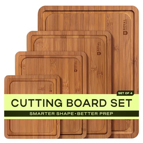ROYAL CRAFT WOOD Wooden Cutting Boards for Kitchen Meal Prep & Serving - Bamboo Non Toxic Cutting Board Set with Deep Juice Groove Side Handles - Charcuterie & Chopping Butcher Block for Meat (4 Pcs) - color: Carbonized, size: 4-Piece