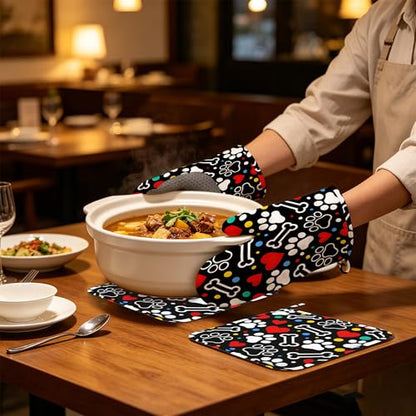 Colorful Dog Paw Oven Mitts and Pot Holders Sets Silicone Kitchen Mitts Potholders Heat Resistant 4Pcs Oven Gloves Hot Pads for Kitchen Baking Cooking - color: Colorful Dog Paw