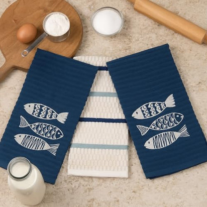 Coastal Kitchen Towels- Set of 3 Navy Blue 100% Cotton Embroidered Fish Design - 16 x 26 Multipurpose Towels for Everyday Use - color: Fish Trio