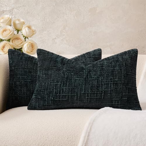 Throw Pillow Covers Pack of 2 12x20 Inch Textured Lumbar Pillow Covers, Soft Chenille Black Decorative Neutral Covers for Couch Sofa Bed Livingroom, Farmhouse Home Boho Decor - color: Black, size: 20" x 12" (Pack of 2)