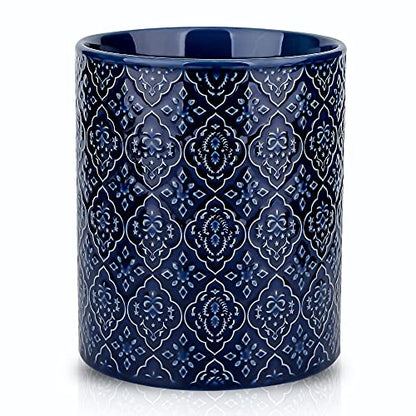 KOOV Kitchen Utensil Holder, Large Utensil Holders for Countertop, 6 x 7 Inches Ceramic Utensil Crock, Deep and Stable, Cooking Utensil Holder, Embossed Pattern (BLue) - color: BLue