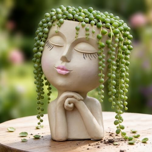 Face Planters Pots Head, Unique Air Plant Holder, Funny Succulent Flower Pot, Cute Indoor Plant Pot with Drainage for Small Herb Cactus, Decorative Vase, Garden Gift for Women, Desk Shelf Art Decor 7" - color: Khaki
