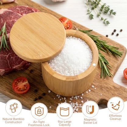 Salt Holder with Lid, Bamboo Salt Container, Salt Cellar with 360° Swivel Lid for Countertop to Store Pepper Spice, Premium Solid Salt Box Holder on Your Kitchen, 6 Oz by Pniimoo