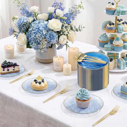 Rubtlamp 200 Pcs Blue Dessert Plates, 6 Inch Gold Rim Hammered Appetizer Plates WIth Gold Dessert Fokrs, Small Fancy Salad Plates Include 100 Cake Plate 100pcs 6inch Forks for Party Bridal Teatime - color: Blue gold