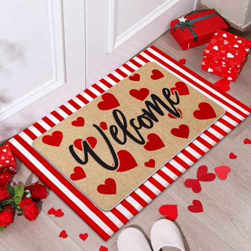 Tinideya 2 Pcs Valentine's Day Doormats Welcome Outdoor Red Heart Door Mats Layered Front Door Rugs Non Slip Floor Mats for Porch Entryway Outdoor - size: 16 x 28 Inch,24 x 35 Inch, style: Heart