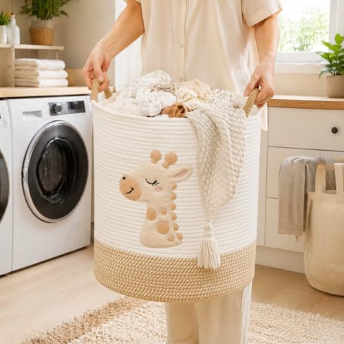 Large Blanket Basket for Living Room Storage,Toy Baskets Storage for Kids Stuffed Animal Storaged, Big Cute Cotton Rope Woven Laundry Basket with Handle for Nursery Baby Shower Gifts