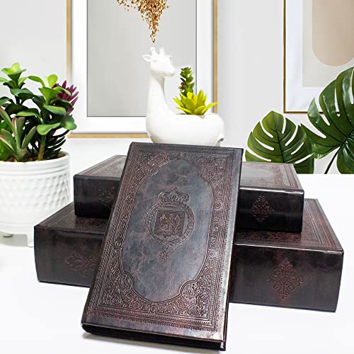 Decorative Book Box Set of 3,Vintage Style Book Shaped Storage Box | Leather Decorative Wooden Trinket Jewelry Books Boxes with Antique Embossed Pattern,Mother's Day/Graduation/Birthday Gift - color: Leather embossed cover-Set of 3