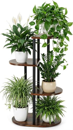 Tiered Plant Stand Indoor, Tall 4 Tier 5 Potted Wooden Plant Shelf for Multiple Flower Plants, Multi Corner Metal Plant Holder Indoor for Patio Garden Patent Design Living Room Balcony Bedroom, Rustic Brown - color: Rustic Brown, size: 4 Tier 5 Potted
