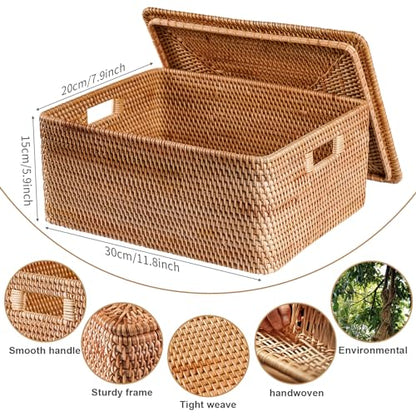Rattan Basket with Lid, 11.81"×7.87"×5.91", Handwoven Storage | Handwoven from natural rattan | Durable & sturdy lid | Stackable design | Ages beautifully over time - size: 11.81"×7.87"×5.91"