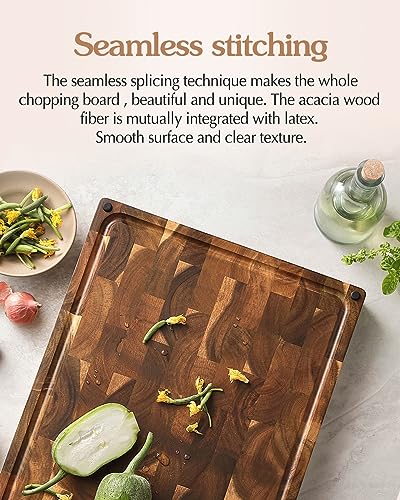 XINZUO Large Thick End Grain Acacia Wood Cutting Board- (19''L x 14''W x 1.5''T) Reversible Wooden Chopping Board with Non-Slip Feet, Built-in Handles and Juice Groove- Butcher Block Cutting Board - size: 19"L x 14"W