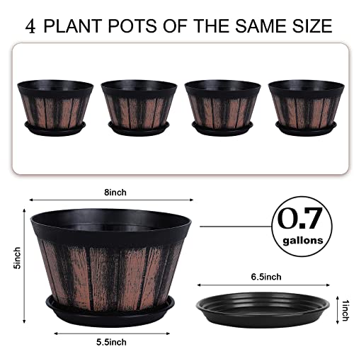 Quarut 8 inch Brown Plastic Whiskey Barrel Plant Pots Set of 4 with Drainage Holes and Saucer for Indoor and Outdoor Garden Home Plants - size: 8 inches
