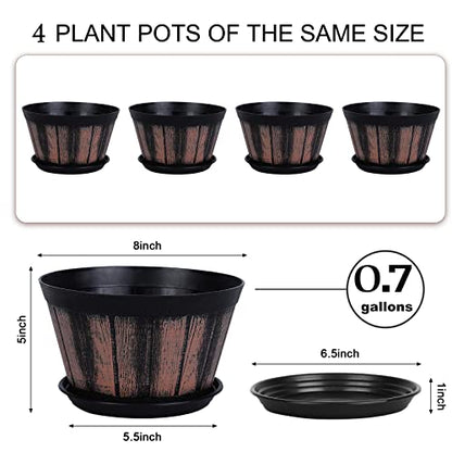Quarut 8 inch Brown Plastic Whiskey Barrel Plant Pots Set of 4 with Drainage Holes and Saucer for Indoor and Outdoor Garden Home Plants - size: 8 inches
