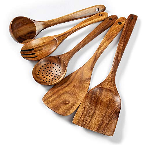 Premium 5 pcs Wooden Spoons For Cooking, Wood kitchen Spatula Utensils set | Acacia Wood Utensil set With Soup Ladle and Wok Spatula, Salad fork for Non-stick Skillet