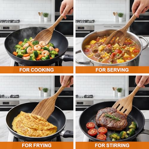 Acacia Wood Kitchen Utensils Set Non Toxic Wooden Spoon for Cooking Spatula | Large Cooking Utensil Teak Slotted Spoon Ladle Kitchen Tool Flat Wood Spatula Turner Mixing Serving Spoons Wooden Utensils - color: 4 PCS SET