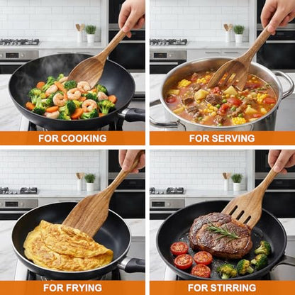 Acacia Wood Kitchen Utensils Set Non Toxic Wooden Spoon for Cooking Spatula | Large Cooking Utensil Teak Slotted Spoon Ladle Kitchen Tool Flat Wood Spatula Turner Mixing Serving Spoons Wooden Utensils - color: 4 PCS SET
