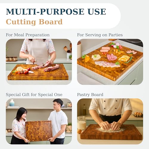 Bearchop Acacia Wood Cutting Board for Kitchen, Wooden Butcher Block with 4-Side Reinforced Bar for Anti Crack/Warp, [17"x13"x1"] Medium End Grain Cutting Boards with Gift Box, Juice Groove, Handle