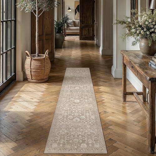 2x8 Beige Neutral Runner Rugs Washable Rug Carpet | Hallway Runner Rug, Vintage Rug, Bedroom, Kitchen, Laundry, No Shedding, Non Slip, Low Pile, Soft, Distressed - color: Beige, size: 2' x 8' (Runner)