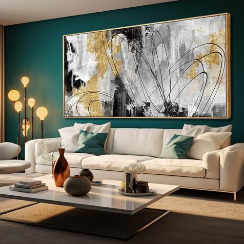 Large Canvas Wall Art Gold Abstract Paintings 29x58 Inch Wooden Framed Artwork Black Line Painting for Bedroom Bathroom Home Decor - color: Gold, size: 29"x58"