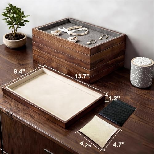 Large Solid Wood Jewelry Watch Tray, Velvet Jewelry Board Display Trays for Key Wallet Ring，Stackable Wooden Jewelry Drawer Organizer Showcase Jewelry Holder(Beige) - color: Beige