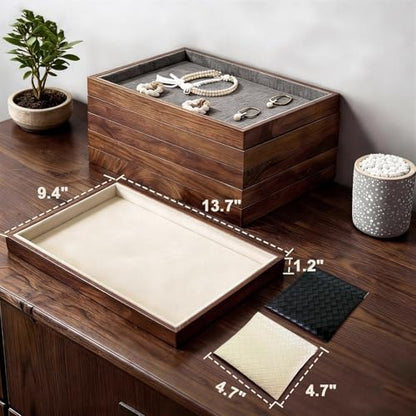 Large Solid Wood Jewelry Watch Tray, Velvet Jewelry Board Display Trays for Key Wallet Ring，Stackable Wooden Jewelry Drawer Organizer Showcase Jewelry Holder(Beige) - color: Beige