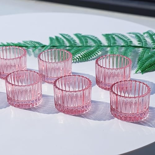 VOHO Pink Candle Holders Set of 12, Ribbed Glass Tealight Candle Holder | Light Pink Tea Light Candle Holder for Birthday Wedding Decor, Glass Votive Candle Holders for Table Centerpiece Christmas - color: Pink