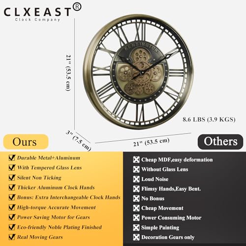 21" Metal Roman Numeral Wall Clock with Moving Gears, Gold | SIilent Non Ticking, Aluminum Dial, Unique Modern Wall Clocks for Living Room, Dinning Room, Entryway & Home Office - color: Roman Brass Gold, size: 21"