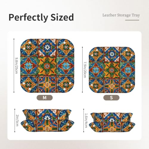 Leather Valet Tray Desktop Storage Organizer Travel Storage Dish Plate | Mexican Ceramic Tile Valet Organizer Personalized Catchall Tray For Jewelry, Wallets, Watches, Keys, Gift