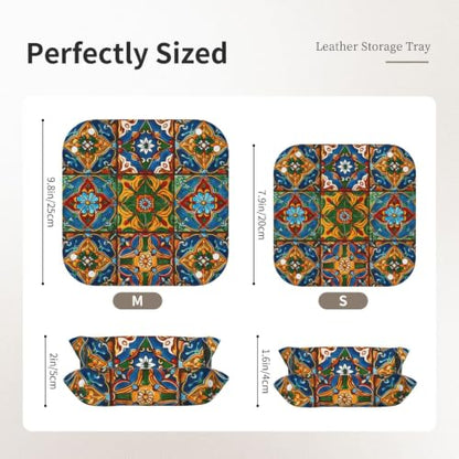 Leather Valet Tray Desktop Storage Organizer Travel Storage Dish Plate | Mexican Ceramic Tile Valet Organizer Personalized Catchall Tray For Jewelry, Wallets, Watches, Keys, Gift