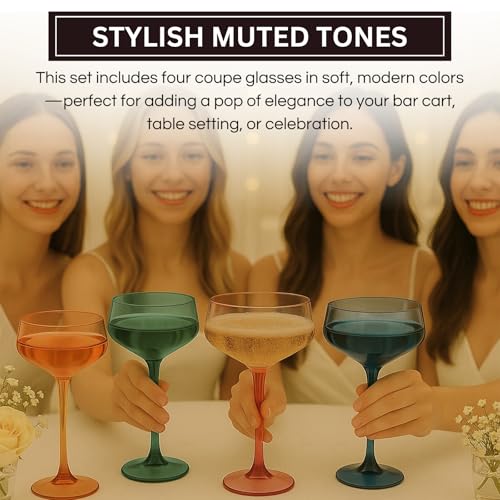 Khen 10.15 Ounce Plastic Acrylic Multicolor Coupe Glasses (Set of 4), Martini Glasses, Champagne Saucers, Reusable, BPA-Free, Shatter-Proof, Dishwasher-Safe, Perfect for Poolside, Outdoors, and More