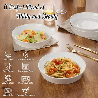 E-far Pasta Bowls, 34oz Stoneware Bowl Plate for Dinner Serving Soup Salad, Wide & Shallow Large Ceramic Pasta Plate Set of 4, Microwave & Dishwasher Safe, Speckled White, 8.7” - color: Speckled White