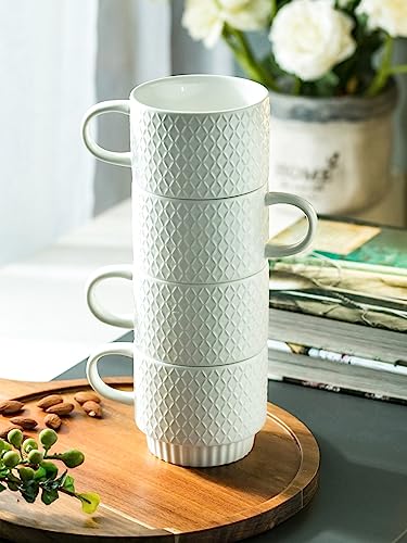 LYEOBOH Stackable Coffee Mugs with Rack, 13 oz Ceramic Coffee Mug Set of 4 with Stand, Latte Cup with Spoon, Cappuccino Cups for Hot Cocoa, Milk, White - color: White