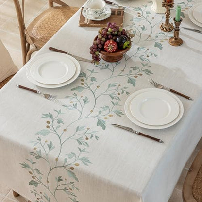Joyfol Day Rustic Waterproof Linen Tablecloth, Heavy Weight Beige Embroidery Table Cloths for Rectangle Tables, Burlap Farmhouse Table Covers (Green Leaves, 55''x 102'') - color: Green, size: 102" x 55" (Rectangular)